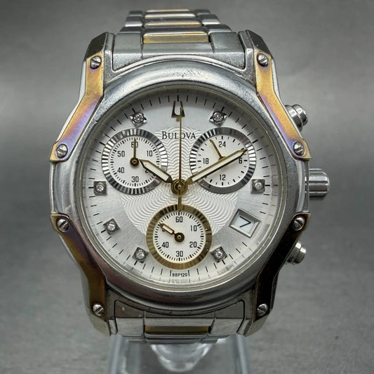 Bulova Chronograph Watch Women 32mm White Dial Two Tone Date 98P120 New Battery0