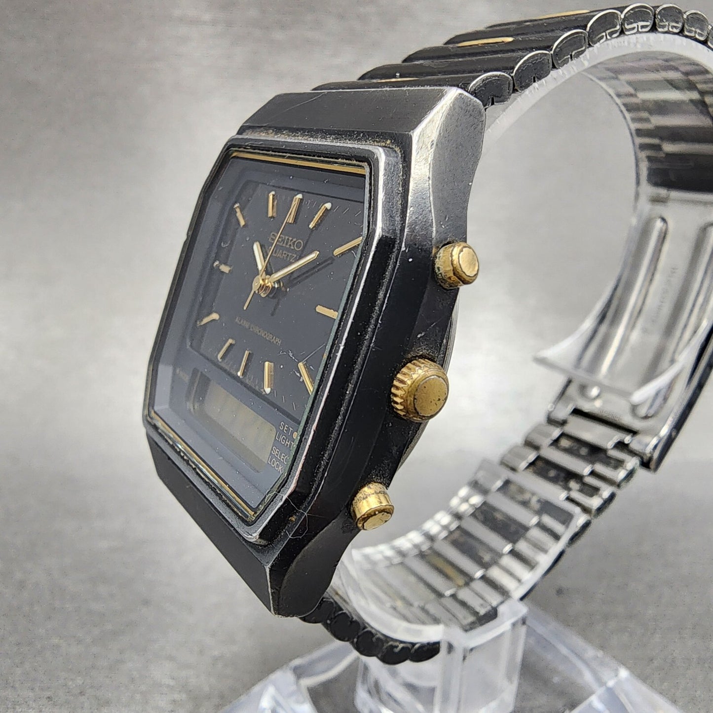 Seiko Watch Men 32mm Black Dial Black Tone Analog Digital H4615030 New Battery2
