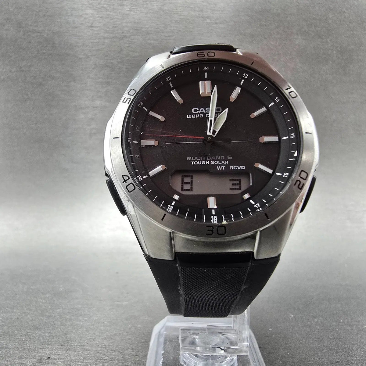 Casio Wave Ceptor WVA-M640 Watch Men 43mm Black Silver Solar Analog Digital Runs5