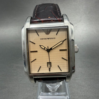 Emporio Armani Tank Watch Men 35mm Cream Dial Steel Date Rectangle AR-0477 Works0