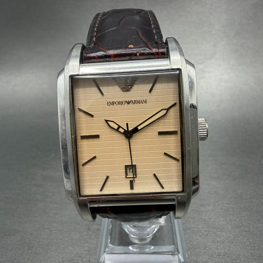 Emporio Armani Tank Watch Men 35mm Cream Dial Steel Date Rectangle AR-0477 Works0