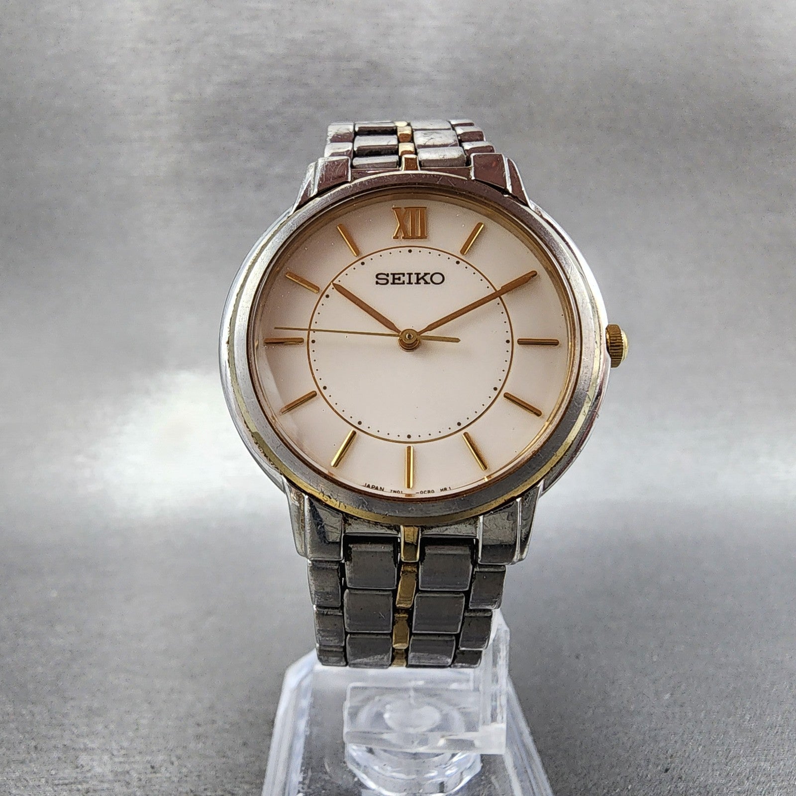 Seiko Watch Men 32mm White Dial Two Tone Round 7n010bc0 New Battery5