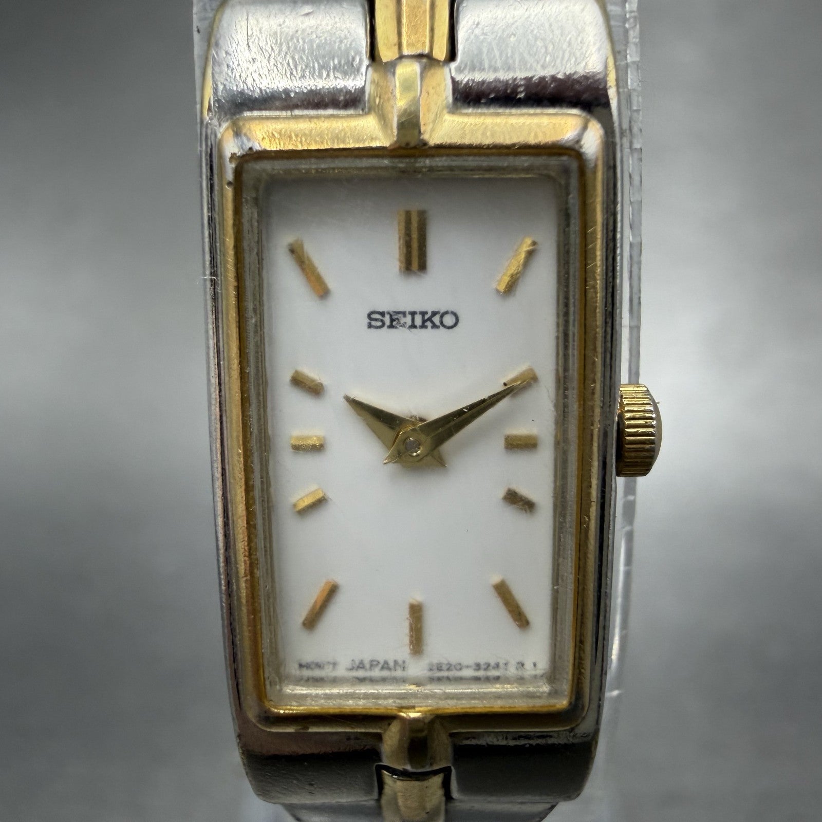 Seiko Tank Watch Women 13mm White Dial two Tone Rectangle 2E20-0AY0 New Battery1