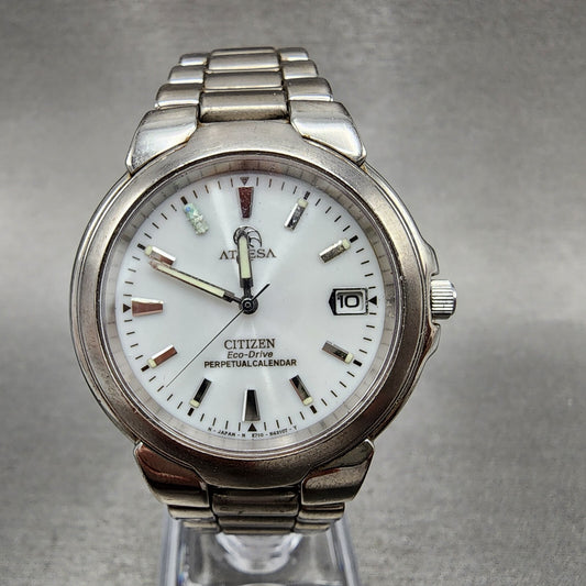 Citizen Attesa Eco-Drive Watch Men 36mm White Dial Titanium Date Perpetual Cal