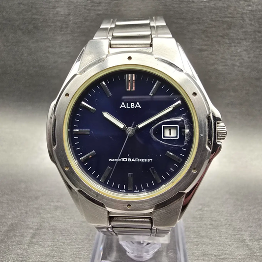 Seiko Alba Watch Men 39mm Blue Dial Silver Tone Date Round V732-0S00 New Battery0