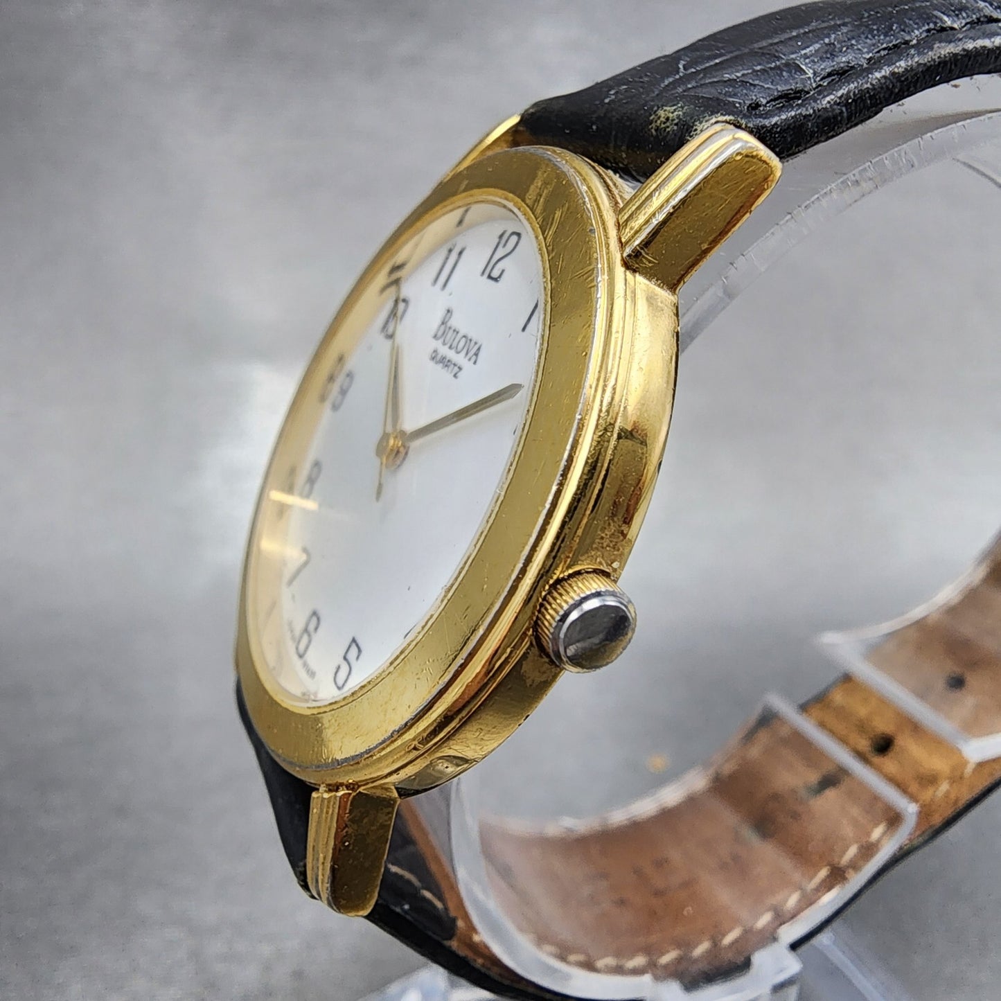Bulova Watch Men 33mm White Dial Gold Tone Round 97A29 Leather Band New Battery2