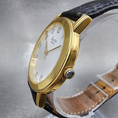 Bulova Watch Men 33mm White Dial Gold Tone Round 97A29 Leather Band New Battery2