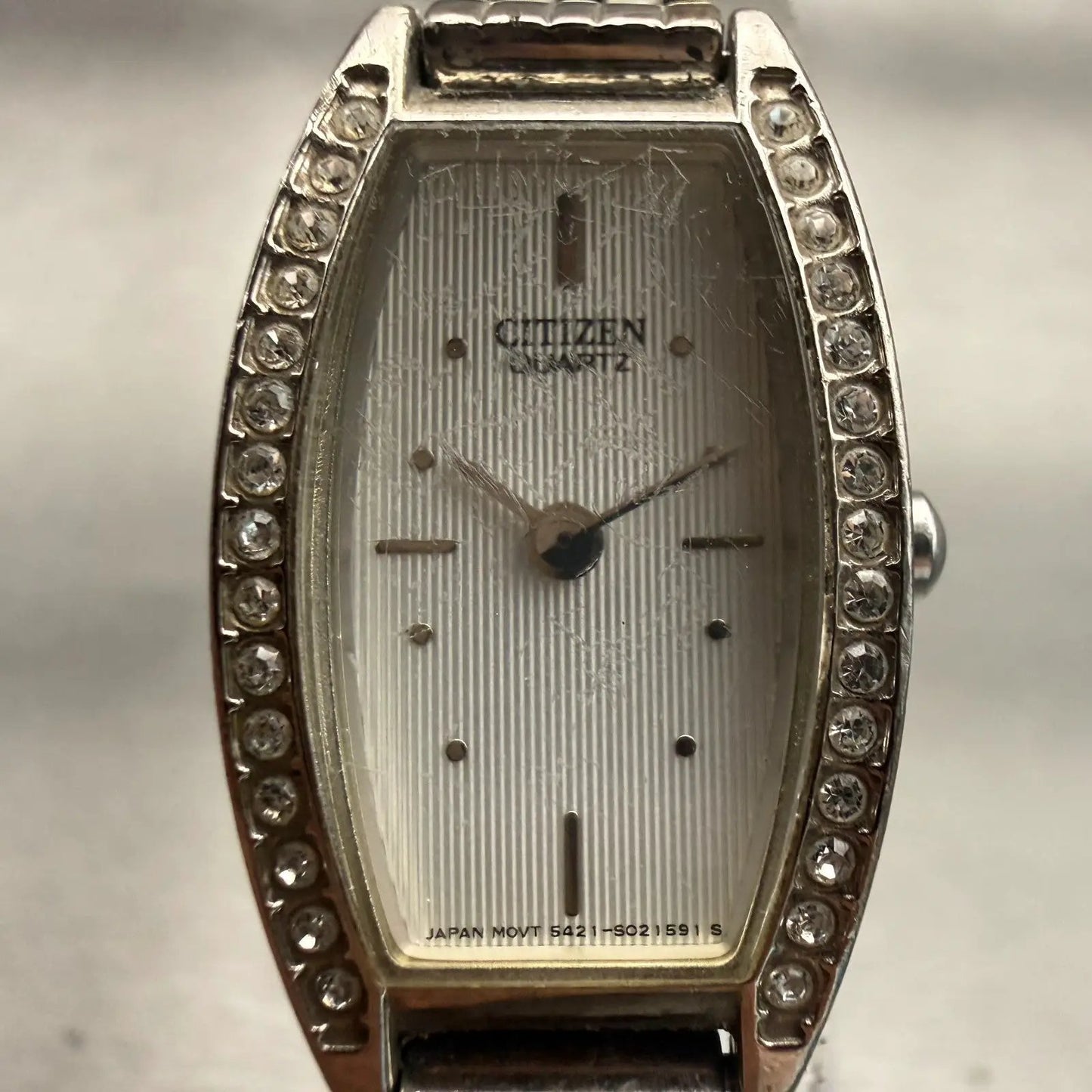 Citizen Watch Women 16mm Silver Dial Silver Gemmed Rectangle New Battery VTG1