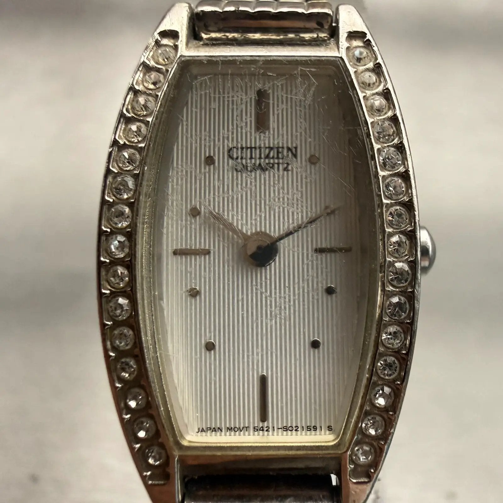 Citizen Watch Women 16mm Silver Dial Silver Gemmed Rectangle New Battery VTG1