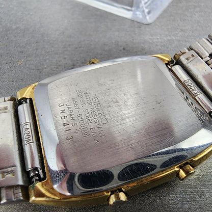 Seiko Analog Digital Watch Men 31mm Gold Dial Gold Tone Rectangle New battery