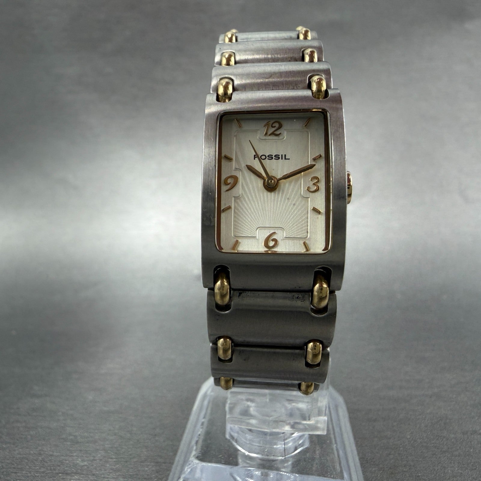 Fossil Tank Watch Women 18mm Champagne Dial Two Tone Rectangle ES-1417 New Batt5