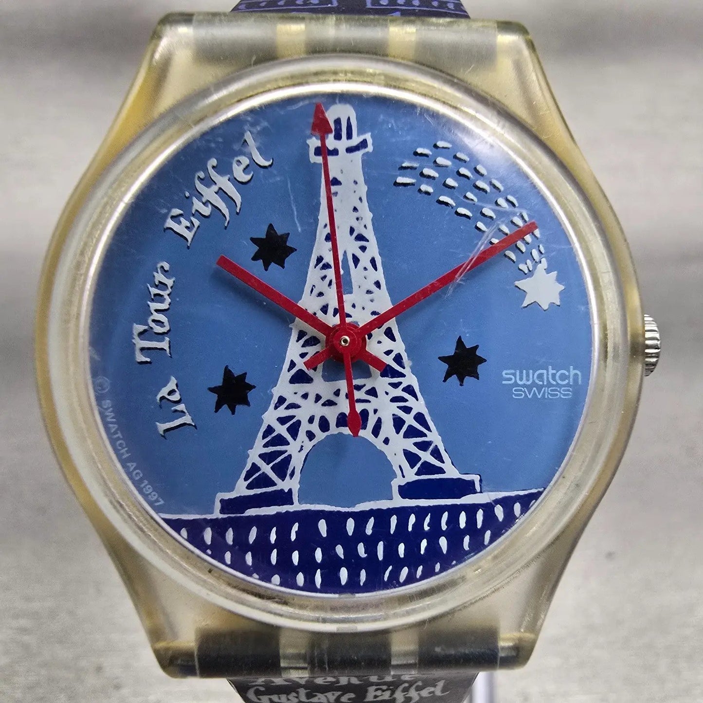 Swatch TITI PARISIEN Watch Unisex 34mm Blue Dial Clear Case GK276 New Battery1