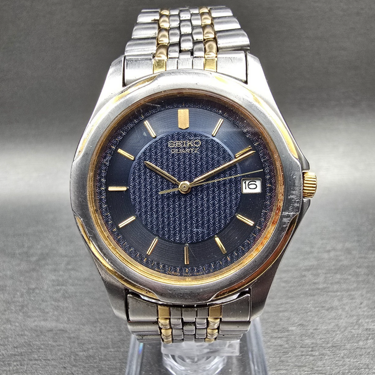 Seiko Watch Men 37mm Blue Dial Two Tone Date Round 7N42-7A90 New Battery Vintage0
