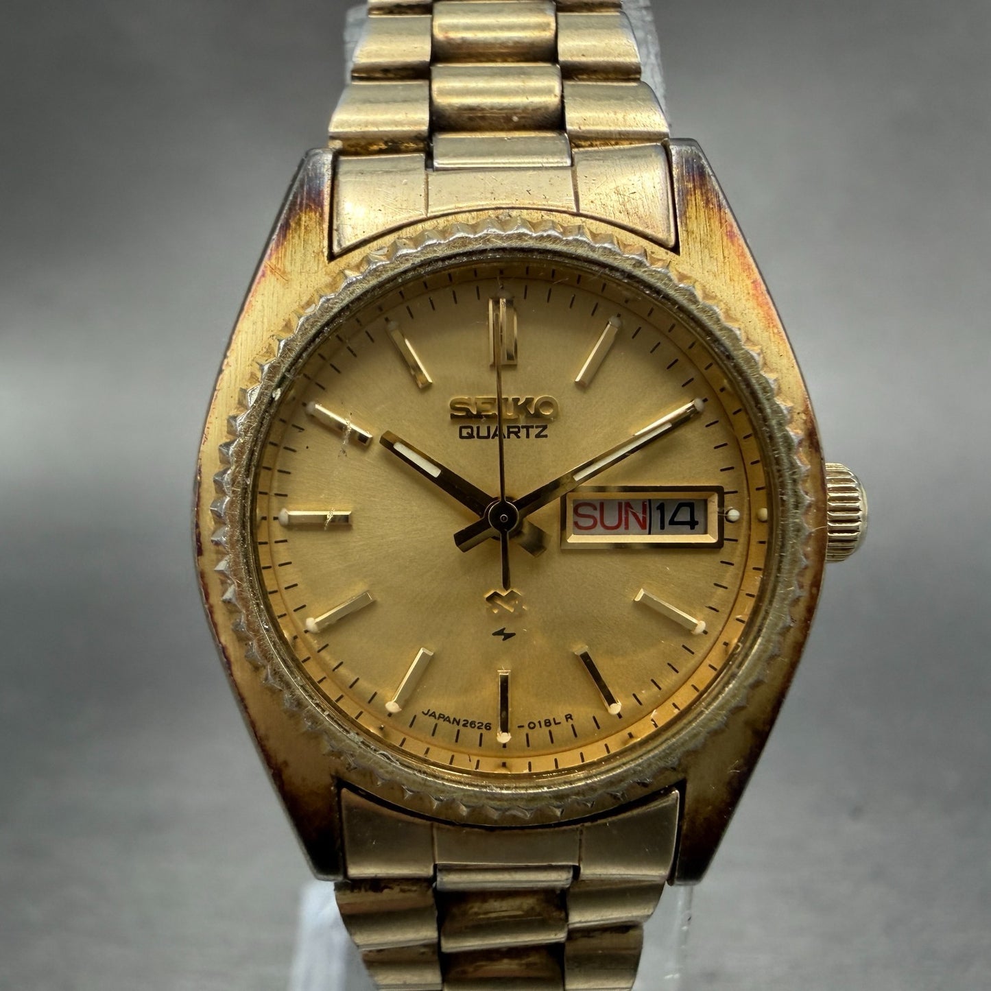 Seiko SQ Watch Women 25mm Champagne Dial Gold Tone Daydate 2626-0159 New Batt JH0