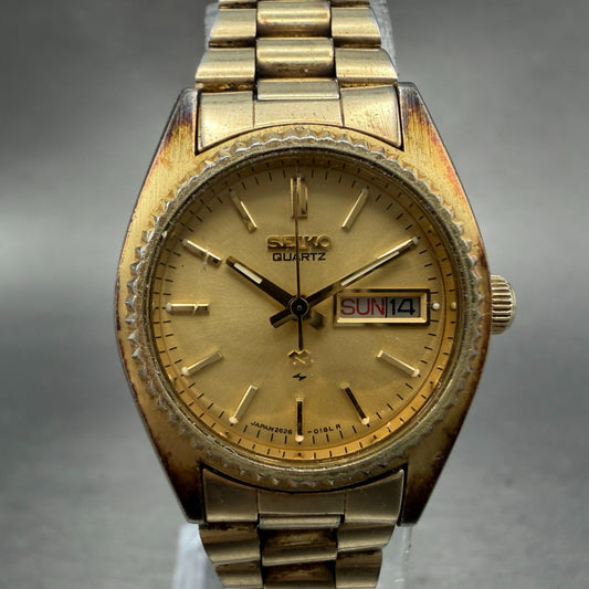 Seiko SQ Watch Women 25mm Champagne Dial Gold Tone Daydate 2626-0159 New Batt JH0