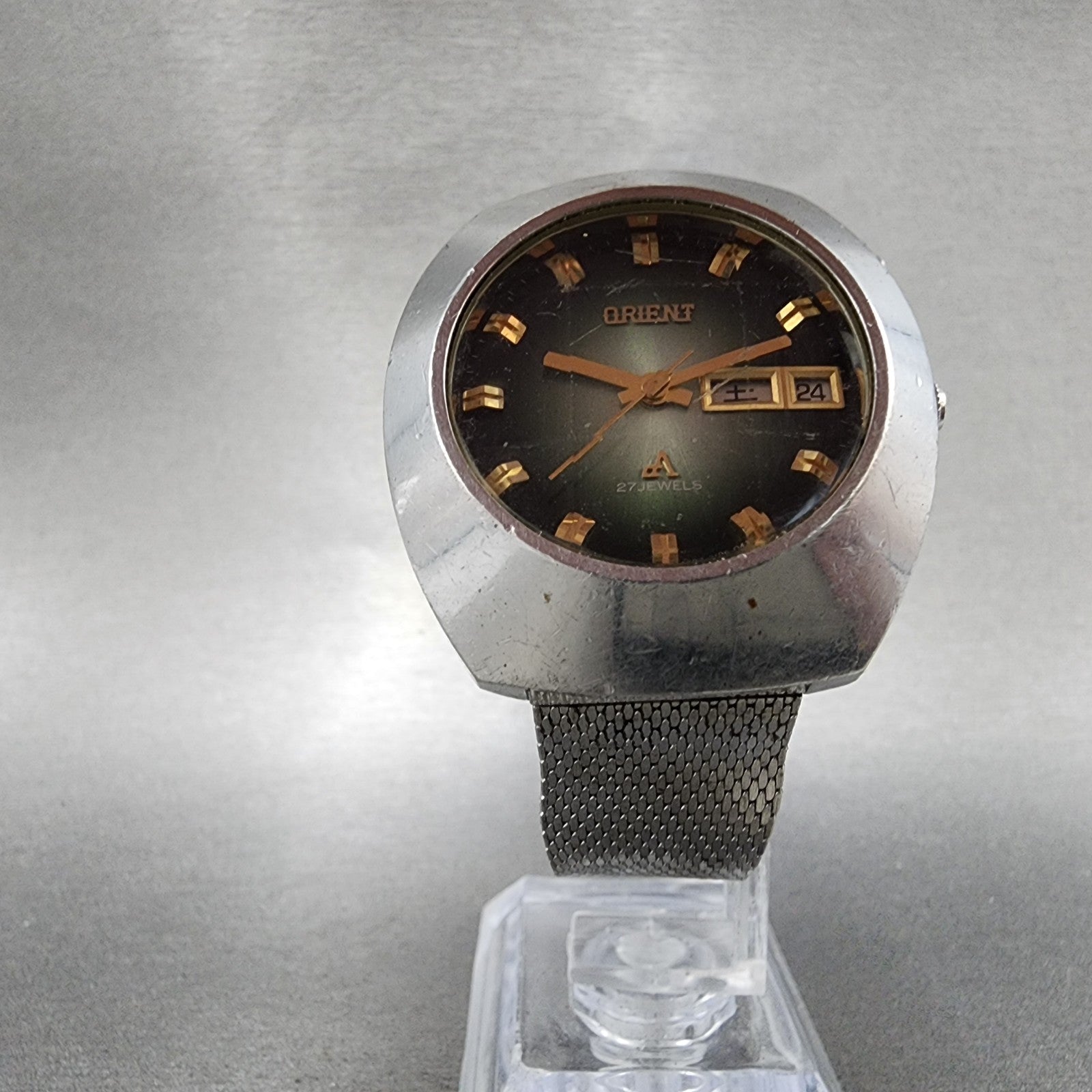 Orient Chrono Ace Watch Men 37mm Green Dial Steel Daydate Cushion Automatic Runs5