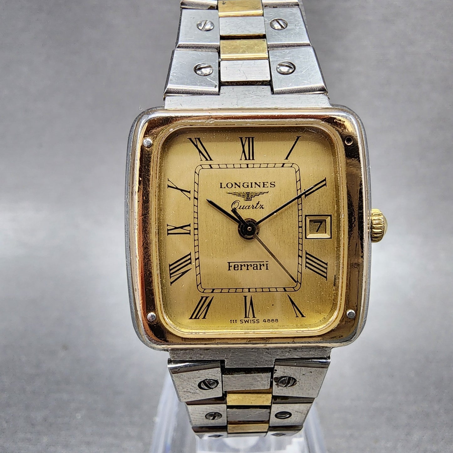 Longines Ferrari Watch Women 25mm Gold Dial Two Tone Date Rectangle New Battery0