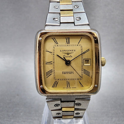 Longines Ferrari Watch Women 25mm Gold Dial Two Tone Date Rectangle New Battery0