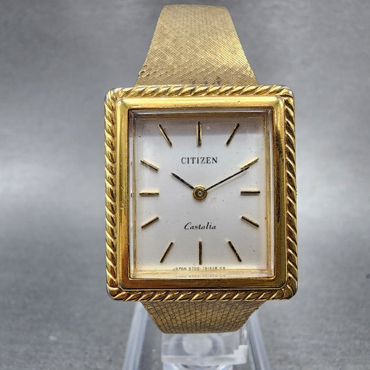 Citizen Castalia Tank Watch Women 24mm White Dial Gold Tone Rectangle Runs0