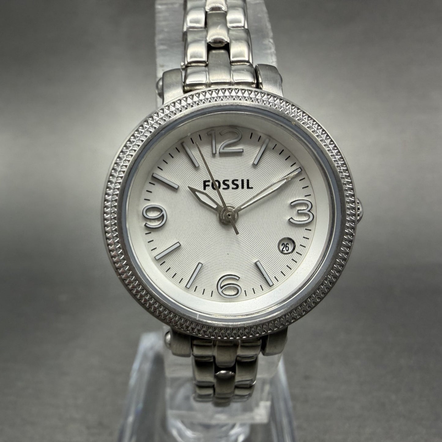 Fossil Heather Watch Women 26mm White Dial Silver Tone Date Round ES3135 NewBat0
