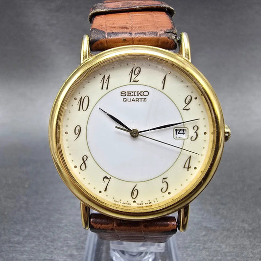 Seiko Watch Men 34mm White Cream Dial Gold Tone Date 7N22-8A09 PARTS0