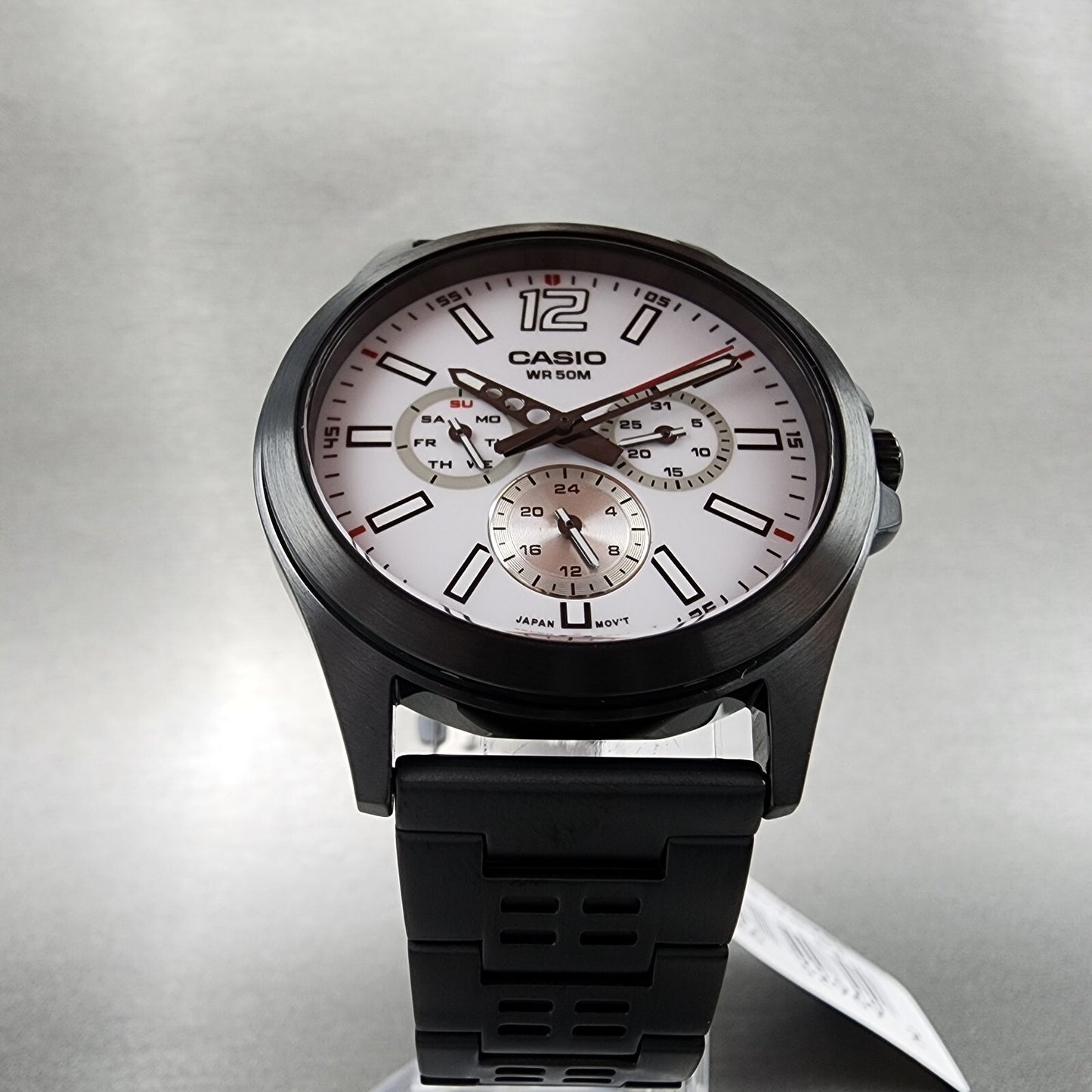 Casio MTP-E350 Watch Men 39mm White Dial Black Steel Daydate Metal Bracelet
