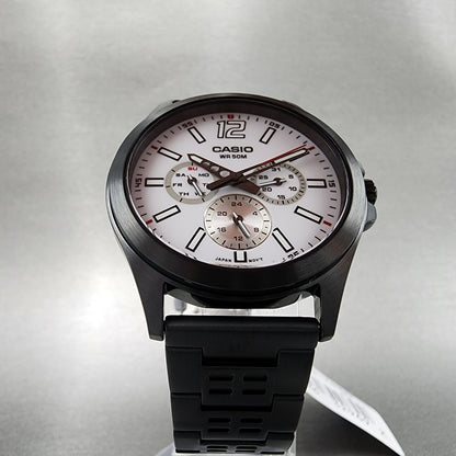 Casio MTP-E350 Watch Men 39mm White Dial Black Steel Daydate Metal Bracelet