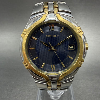 Seiko Watch Men 37mm Blue Dial Two Tone Date Round 7N42-6C10 New Battery A1930
