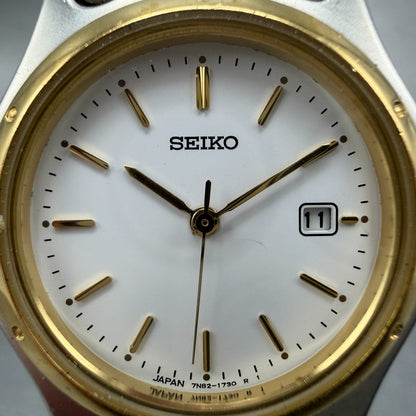 Seiko Watch Women 28mm White Dial Two Tone Date Round 7N82-0790 New Battery VTG2