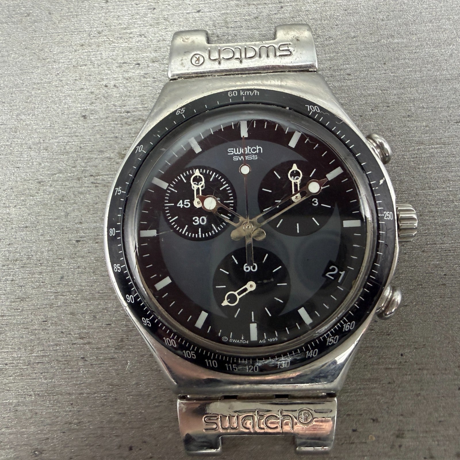 Swatch Irony Chrono Windfall Watch Men 40mm Black Dial Silver Tone New BatteryAB0