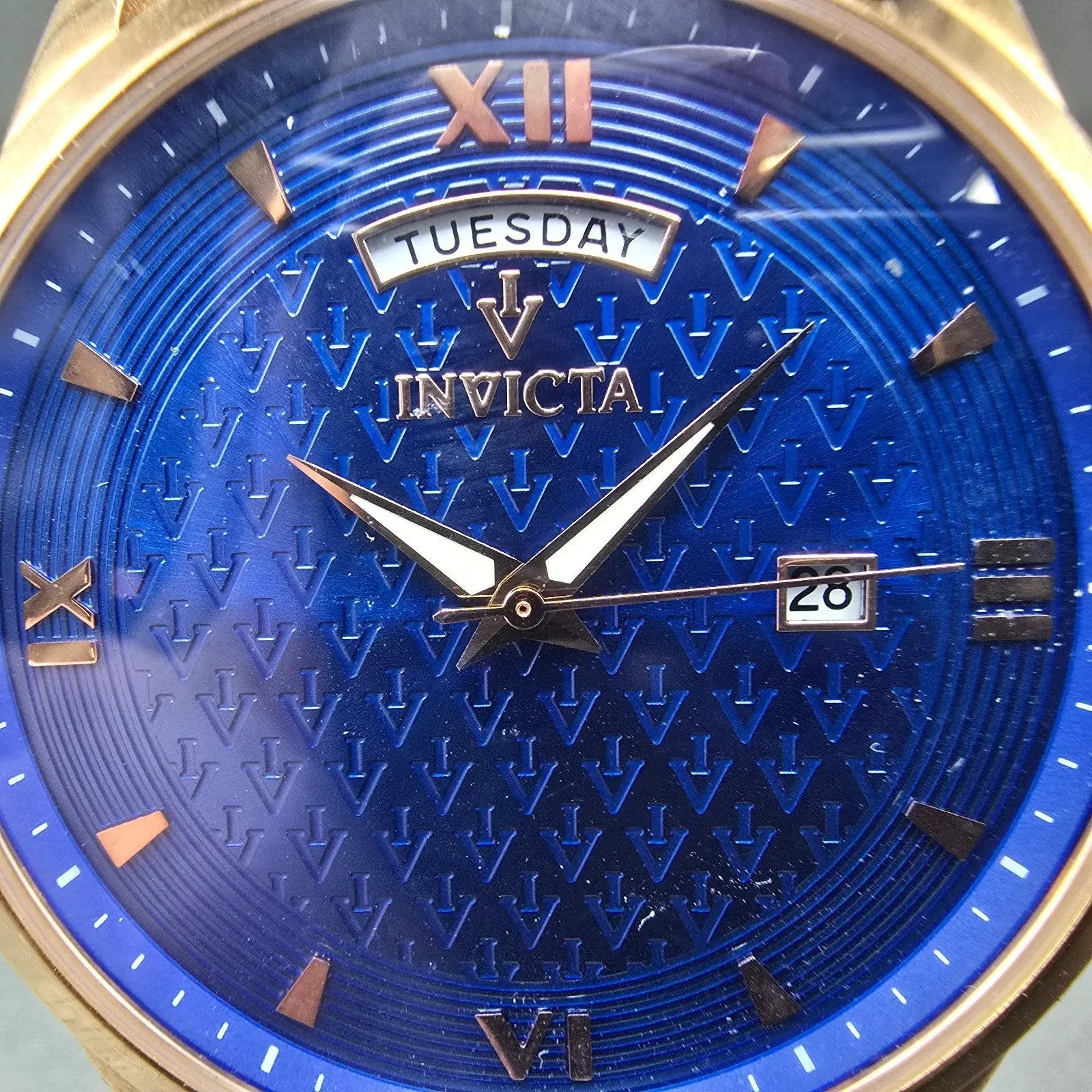 Invicta Watch Men 45mm Blue Dial Rose Gold Tone Daydate 12246 New Battery1