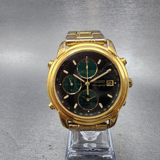 Seiko Chronograph Watch Men 37mm Black Dial Gold Date Alarm 7T32-6G40 READ!!!!!!