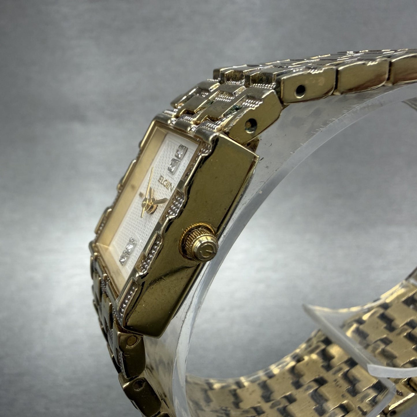 Elgin Tank Watch Women 17mm White Dial Gold Tone Rectangle New Battery2