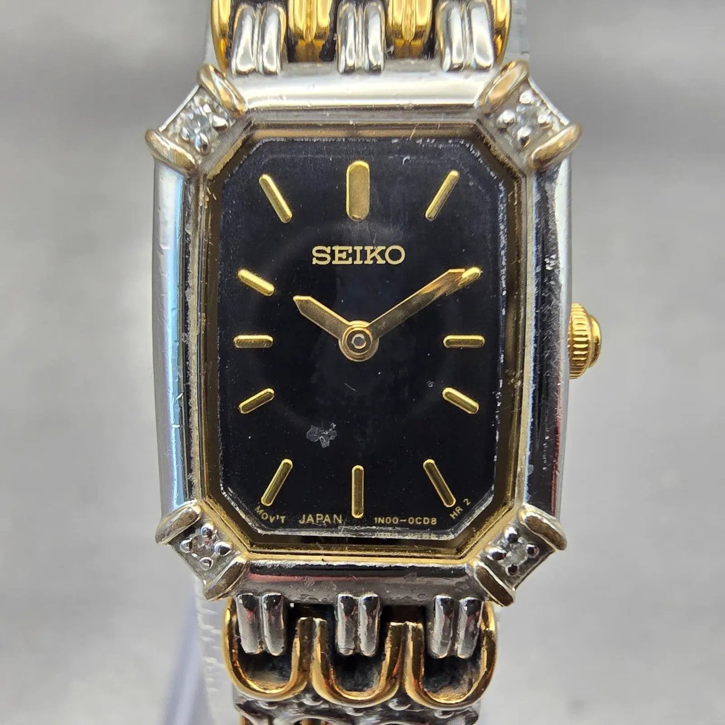 Seiko Watch Women 16mm Black Dial Two Tone Rectangle 1N00-0BK0 New Battery VTG1