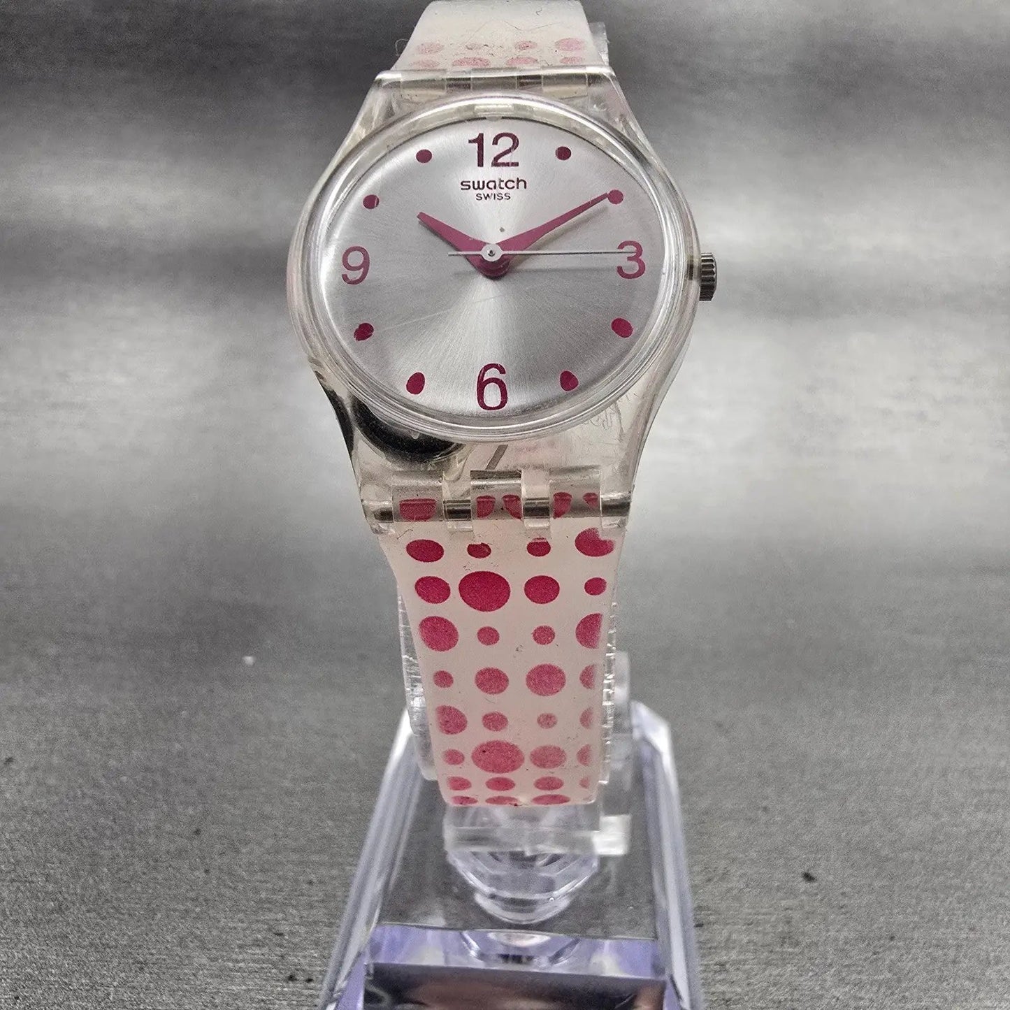 Swatch PINK SPOTS Watch Women Silver Dial Clear Case Round LK316 New Battery5