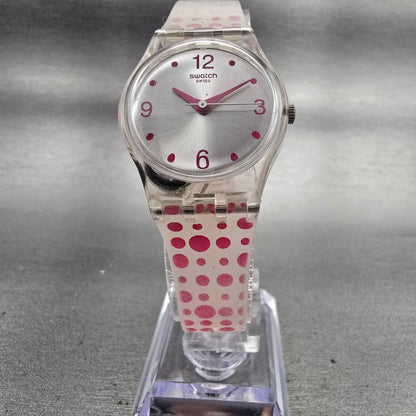 Swatch PINK SPOTS Watch Women Silver Dial Clear Case Round LK316 New Battery5