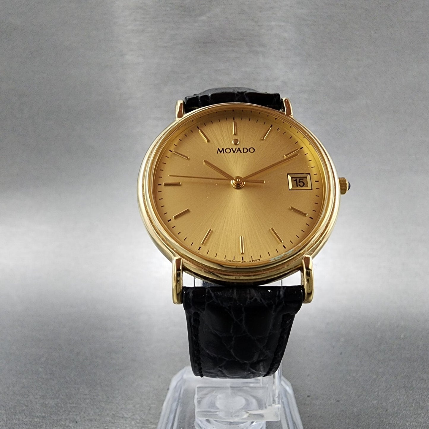 Movado Watch Men 34mm Gold Dial Gold Tone Date Round Leather Box New Battery9