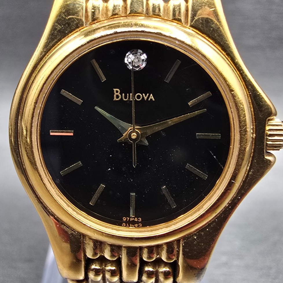 Bulova Watch Women 24mm Black Dial Gold Tone Round 97P43 New Battery1