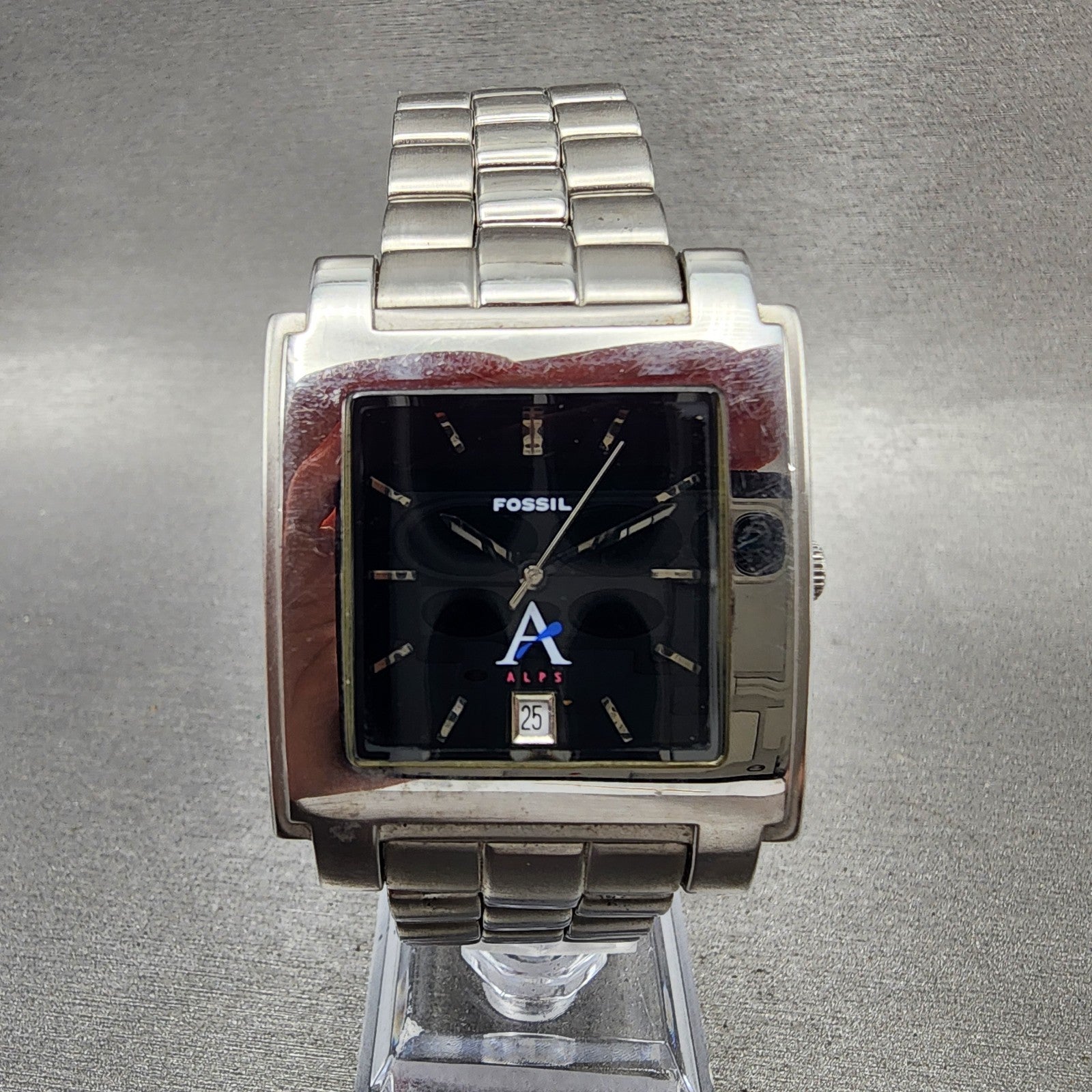 Fossil Tank Watch Men 29mm Black Dial Silver Tone Date Rectangle New Battery0