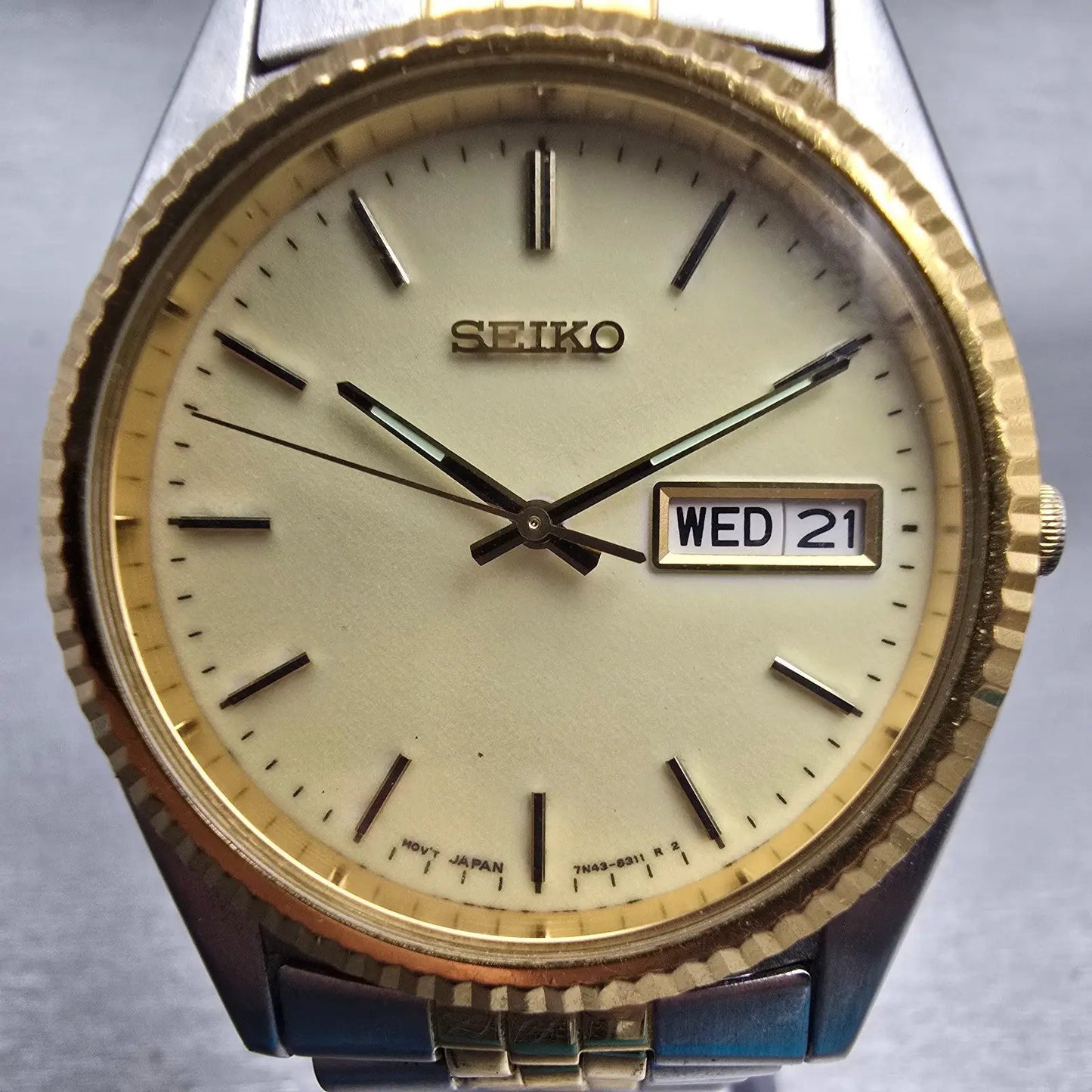 Seiko President Watch Men 36mm Cream Dial Two Tone Daydate 7N43-8111 New Battery3