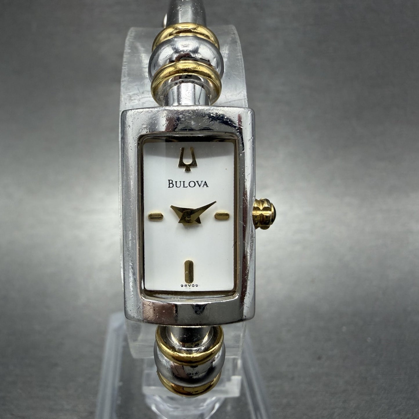 Bulova Tank Watch Women 14mm White Dial Two Tone Bangle 98V09 New Battery ABC0
