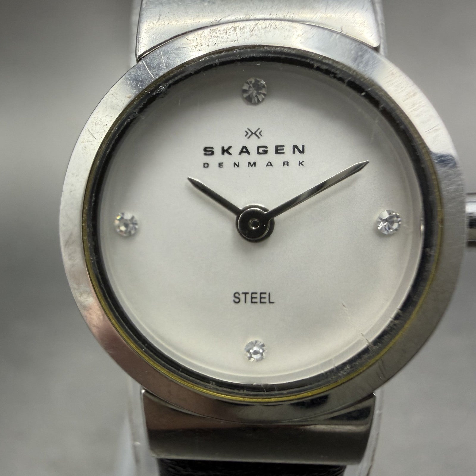 Skagen Watch Women 19mm Silver Dial Steel Round 590SSLC Leather Band New Battery1