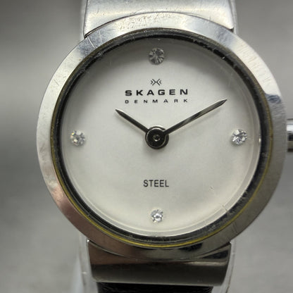 Skagen Watch Women 19mm Silver Dial Steel Round 590SSLC Leather Band New Battery1