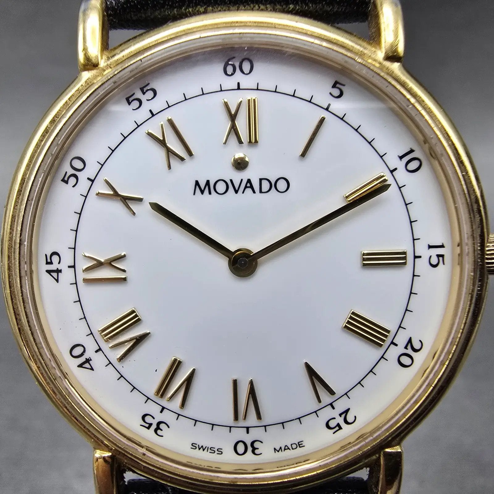 Movado Watch Men 34mm White Dial Gold Tone Round 87-E4-0885 New Battery VTG NJU1
