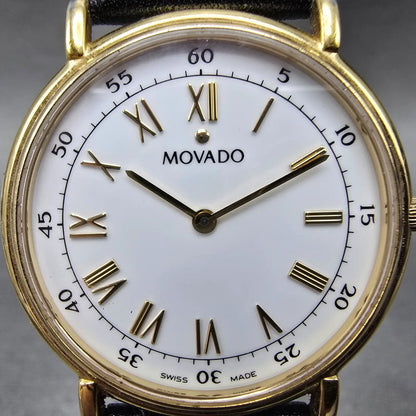 Movado Watch Men 34mm White Dial Gold Tone Round 87-E4-0885 New Battery VTG NJU1
