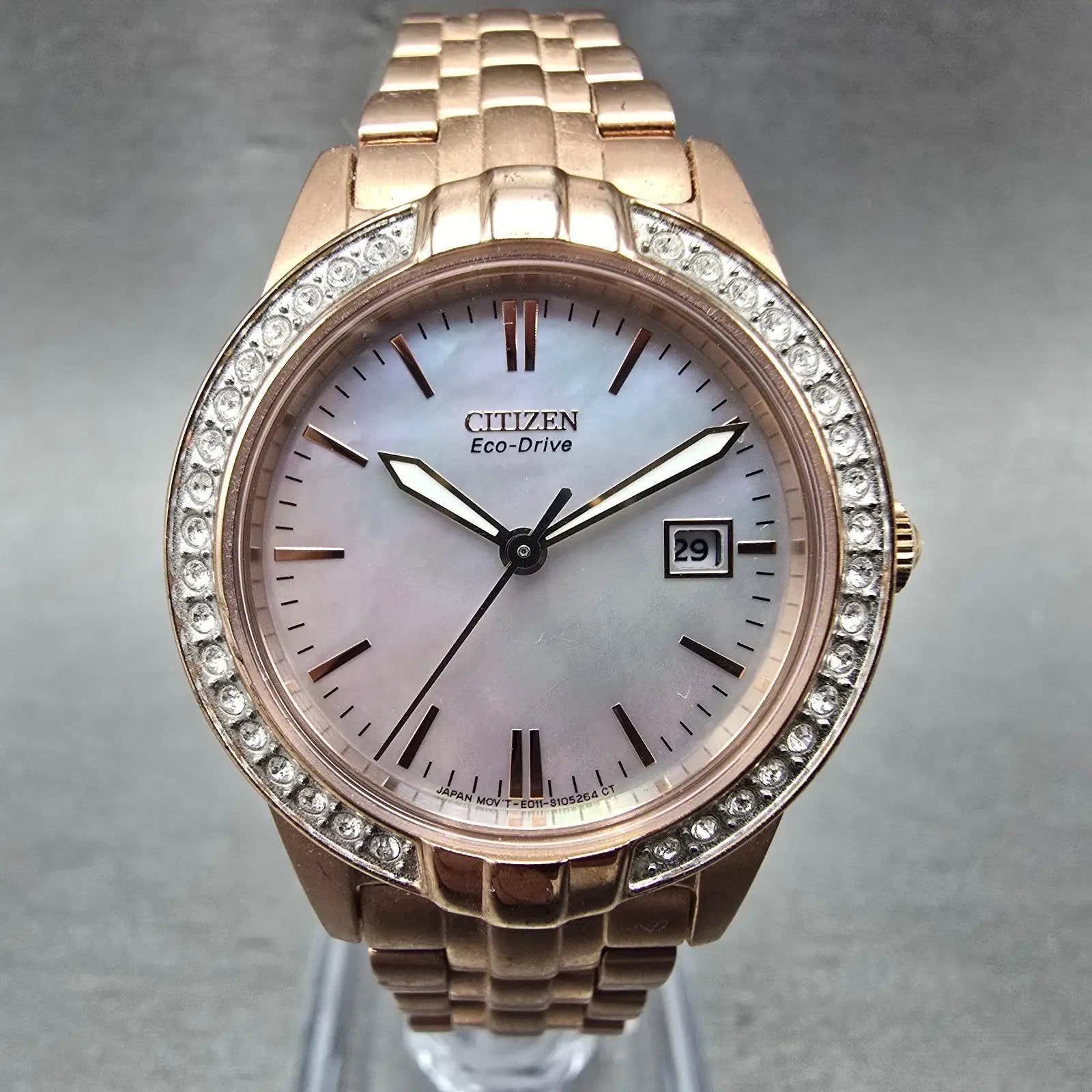Citizen Eco-Drive Watch Women 29mm MOP Dial Rose Gold Tone Date E011-S095913 Run0