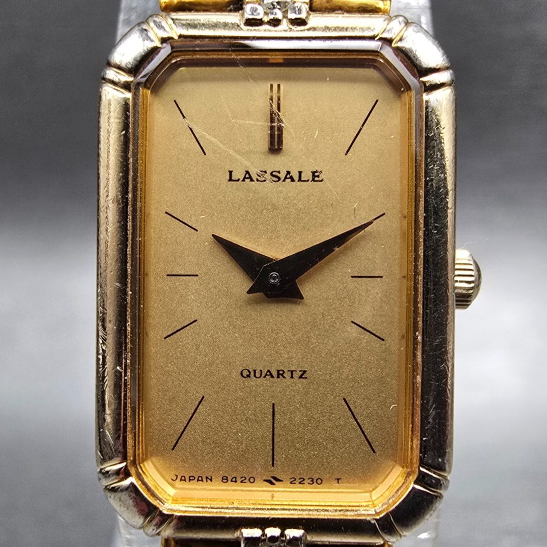 Seiko Lassale Watch Women 14mm Gold Dial Gold Rectangle Diamonds New Battery VTG1