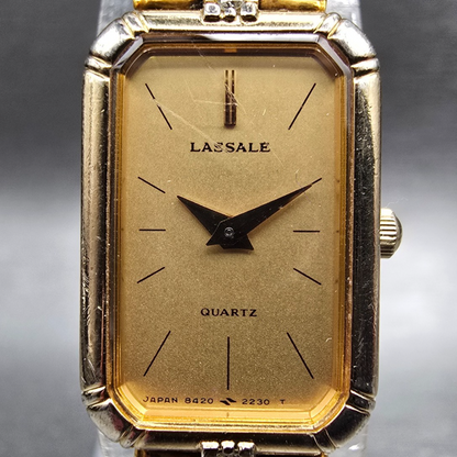 Seiko Lassale Watch Women 14mm Gold Dial Gold Rectangle Diamonds New Battery VTG1