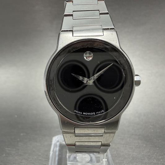 Movado Safiro Watch Women 26mm Black Dial Steel Round 0605806 New Battery ABCD0