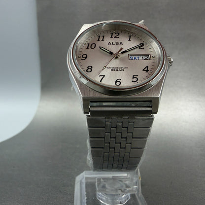 Seiko Alba Watch Men 35mm Silver Dial Silver Tone Daydate 7N43-K001 New Battery5